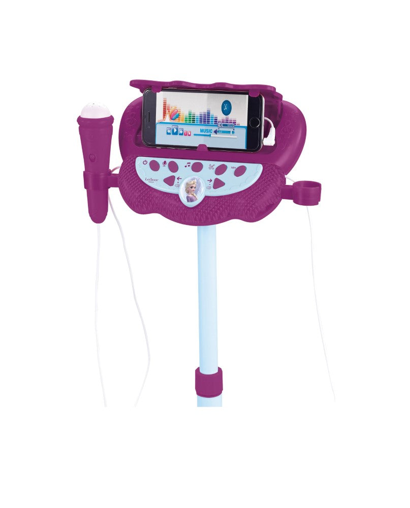 Lexibook Microphone La Reine des Neiges sur pied ajustable lumineux avec enceinte, 2 Micros et Effets vocaux, Enceinte Bluetooth