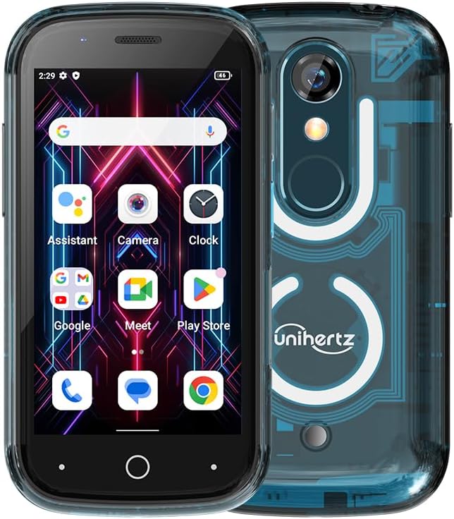 Unihertz Jelly Star Smartphone Android 13 4G 3 Pouces Le Plus Petit Au Monde Design Transparent Lumière LED NFC OTG, Bleu Double SIM