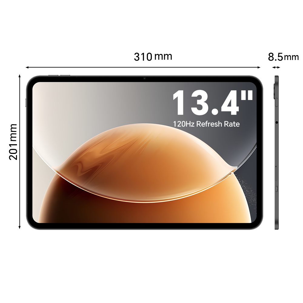 Teclast T65 : écran 13,4" 120 Hz, Android 16, processeur 2,2 GHz, 26 Go RAM (6+20 Go virt.) + 128 Go, double SIM 4G + Wi-Fi 5G, Widevine L1, 13 MP, BT5.0, GPS, housse incluse.