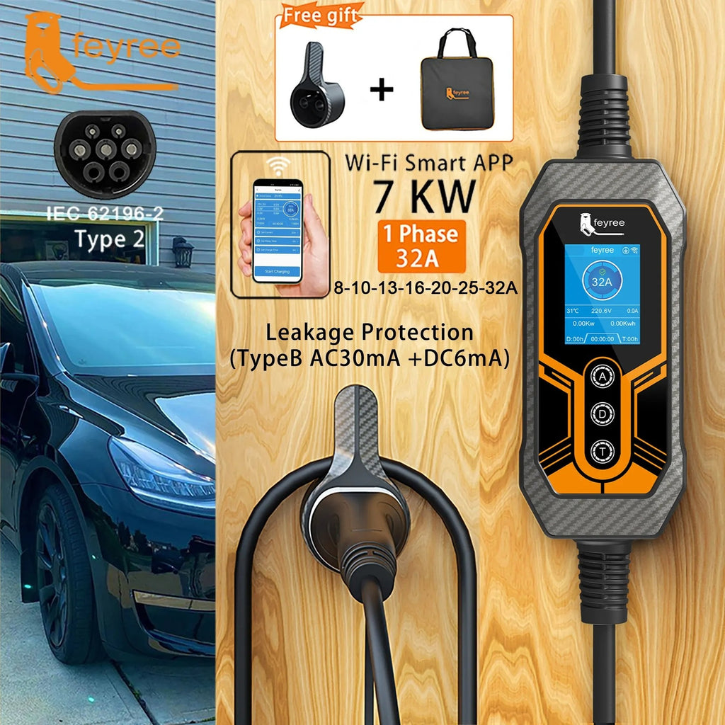 feyree Chargeur de voiture électrique portable type 2 EVSE, avec contrôle via application Wi‑Fi, courant réglable et charge intelligente - 32 A / 7 kW
