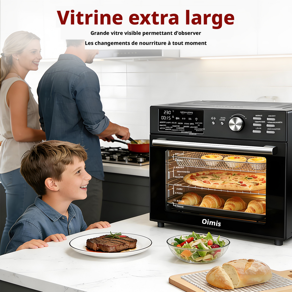 OIMIS Four friteuse à air chaud et grille-pain, 30 L, extra large, avec rôtissoire et déshydrateur, 21 programmes, compatible pizza 33 cm, 1800 W, gris
