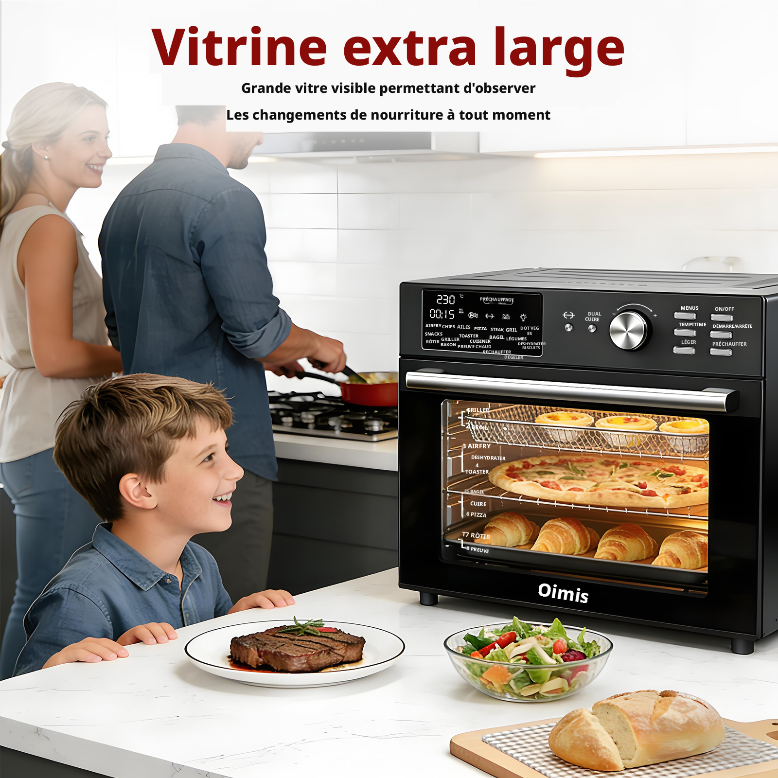 OIMIS Four friteuse à air chaud et grille-pain, 30 L, extra large, avec rôtissoire et déshydrateur, 21 programmes, compatible pizza 33 cm, 1800 W, gris