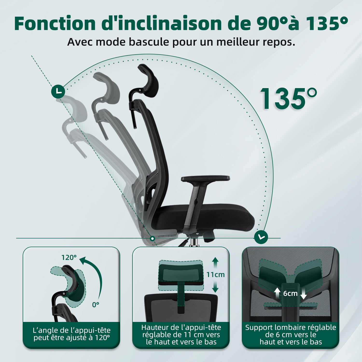 GTIMEX Chaise de Bureau Ergonomique avec Soutien Lombaire Réglable, Accoudoirs et Appui‑tête, Pivotante, Capacité 150 kg, Bascule jusqu’à 135°