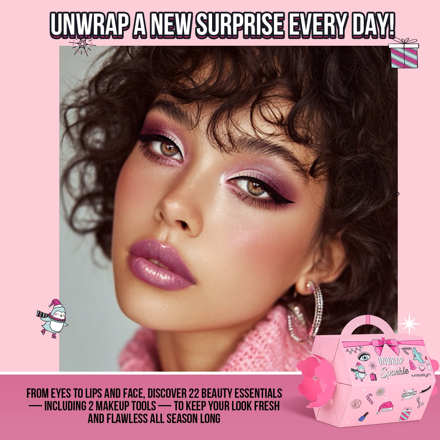 Misslyn Coffret cadeau compte à rebours surprise pétillante, coffret cadeau beauté brillant à déballer, 23 articles comprenant rouges à lèvres, gloss à lèvres, palettes de fards à paupières, maquillage et outils de maquillage