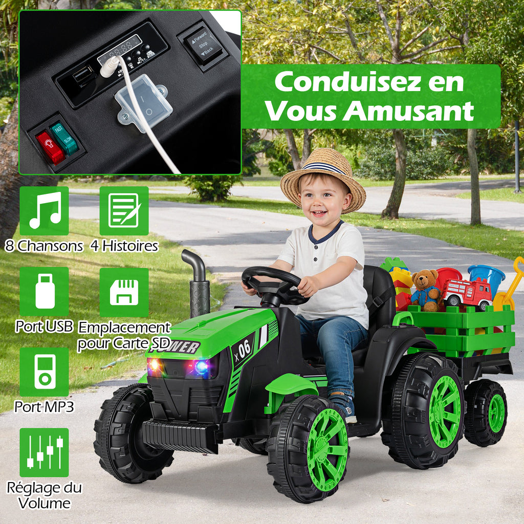 Costway Tracteur électrique pour enfants 24 V avec phares LED RVB, Musique et port USB, Remorque de tracteur électrique et télécommande parentale, Vert