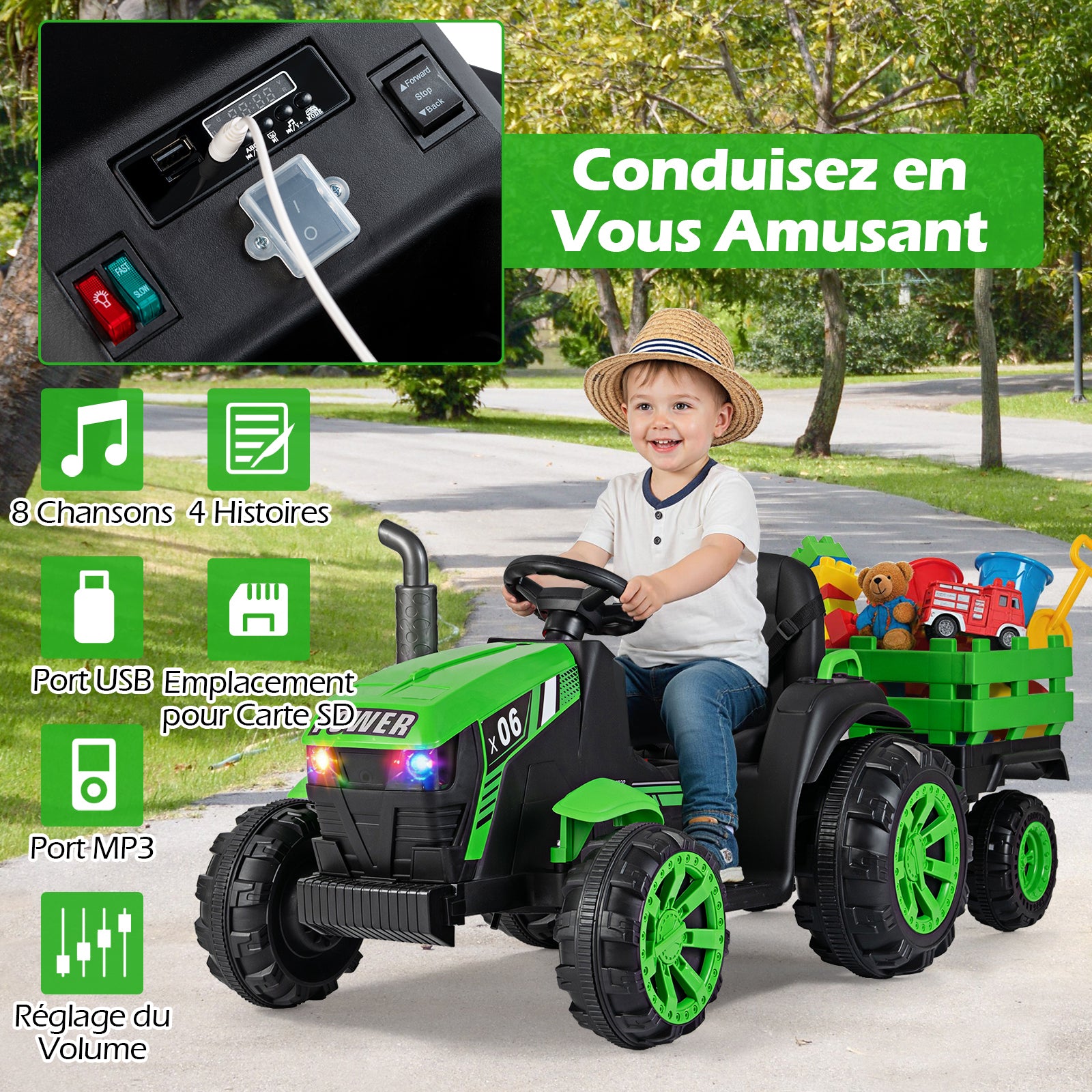Costway Tracteur électrique pour enfants 24 V avec phares LED RVB, Musique et port USB, Remorque de tracteur électrique et télécommande parentale, Vert