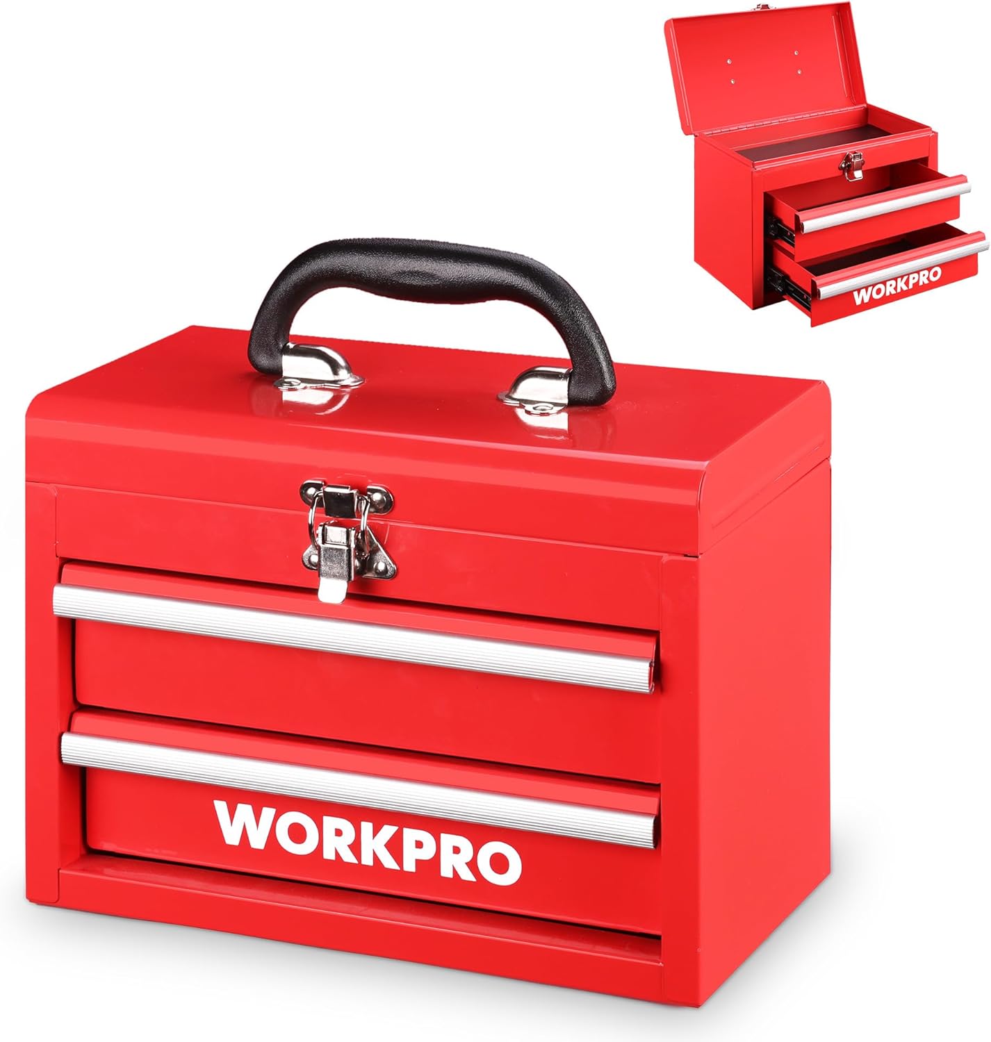 WORKPRO Mini portable, boîte en acier à double compartiment (glissière à rouleaux améliorée, avec serrure et poignée) - Rouge
