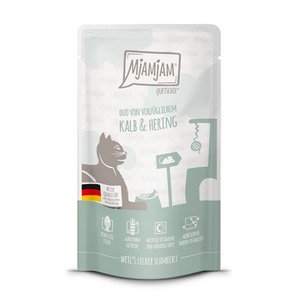 MjAMJAM Duo Quetschie Nourriture humide pour chat Veau Hareng 125 g