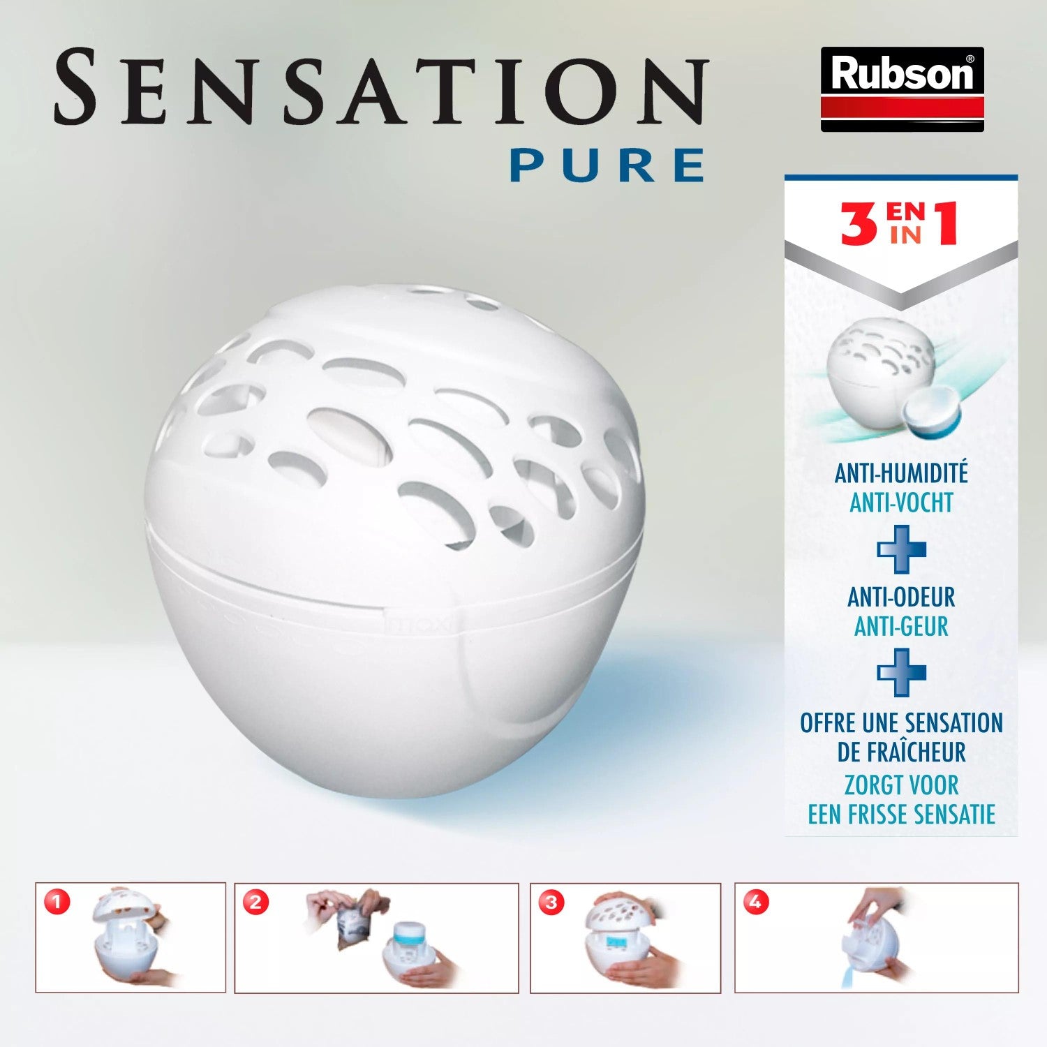 Rubson | Recharges Universelles Absorbeur d'Humidité Sensation Pure Parfum Neutre (2 x 300 g) – Recharges 3 en 1 anti-humidité, anti-odeur et sensation de fraîcheur