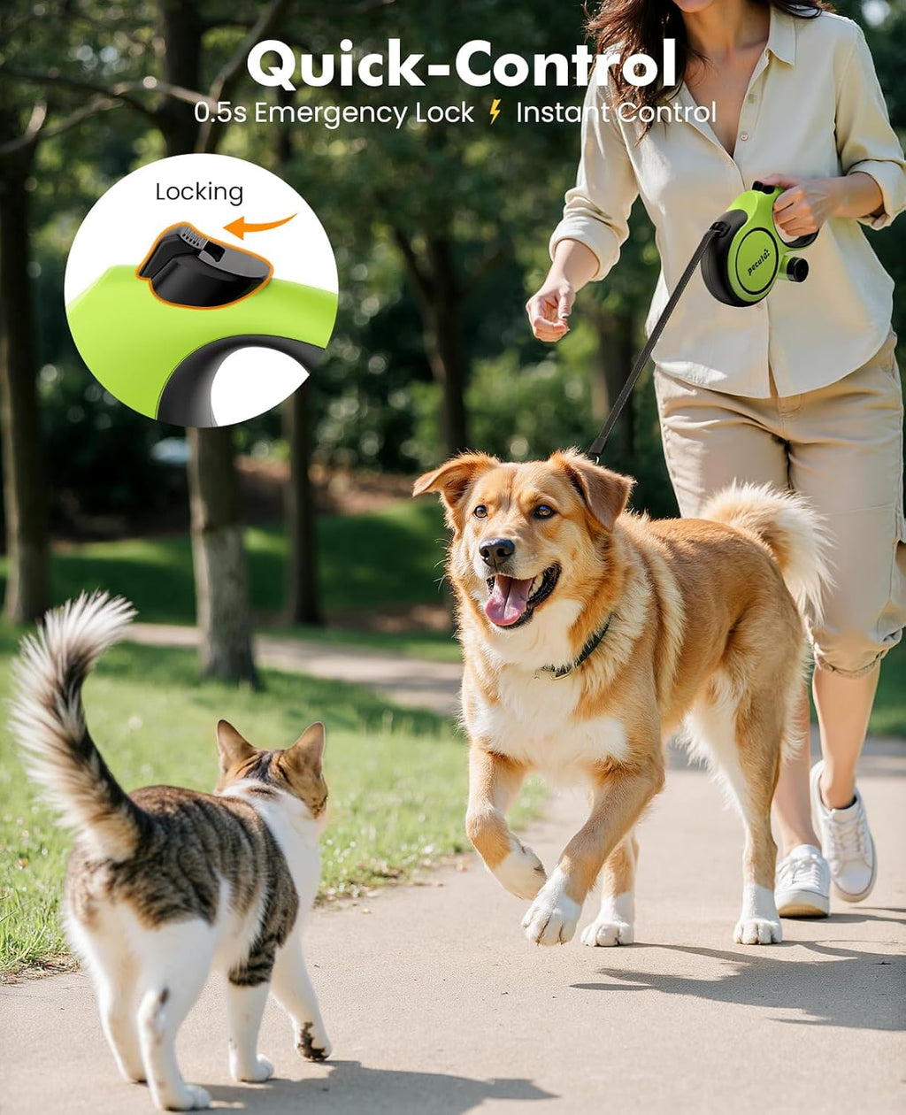 PECUTE Instant-Control Series Laisse de chien extensible 8 m avec corde en acier et distributeur de sacs à déjections canines - Vert