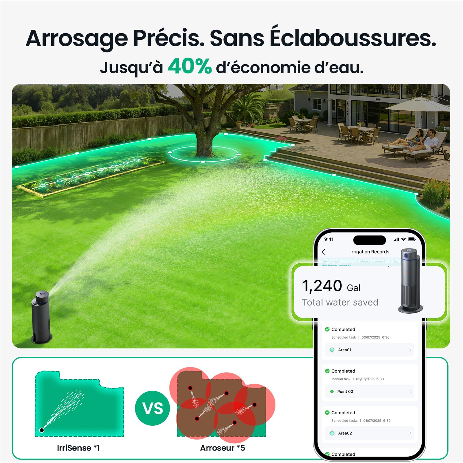 Aiper Offre exclusive IrriSense 2 Système d’irrigation intelligent Appareil d’irrigation multizone 3-en-1 avec contrôle par application Programmation intelligente et capteur de pluie