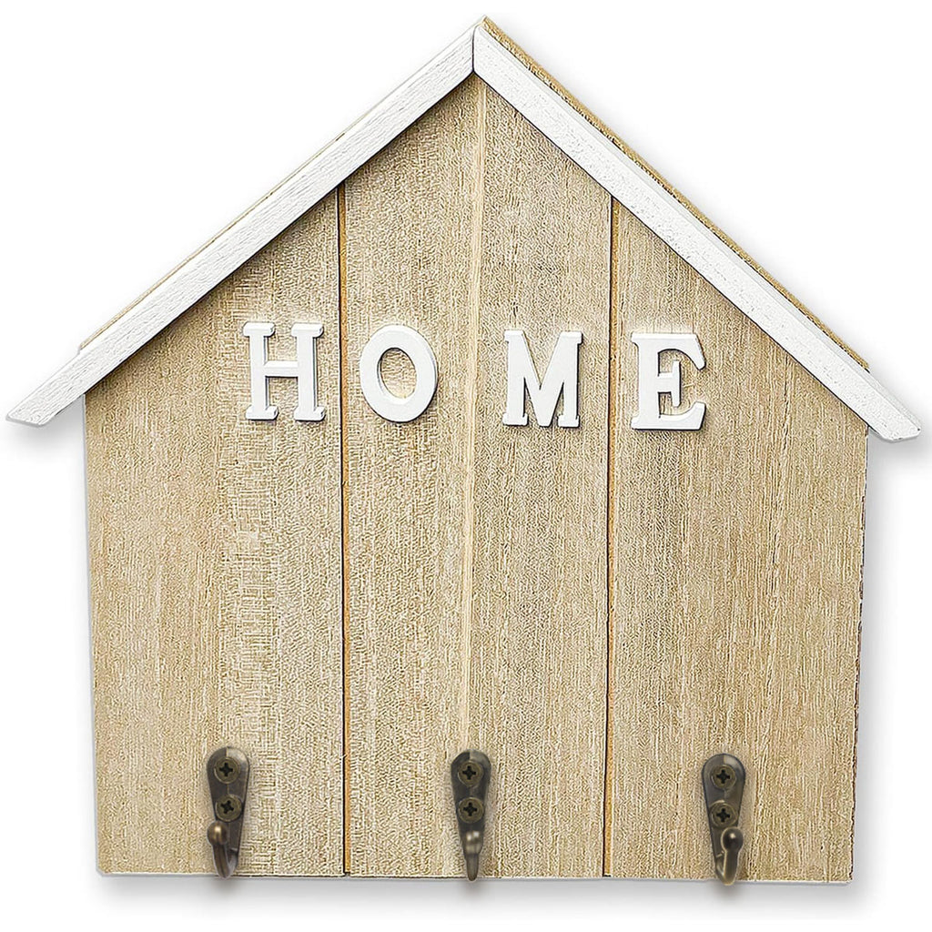 Alphynix Porte-clés en forme de maison 1 pièce, organisateur mural "MAISON" avec 3 crochets en métal vieilli, rangement d’entrée pour clés et courrier, bois