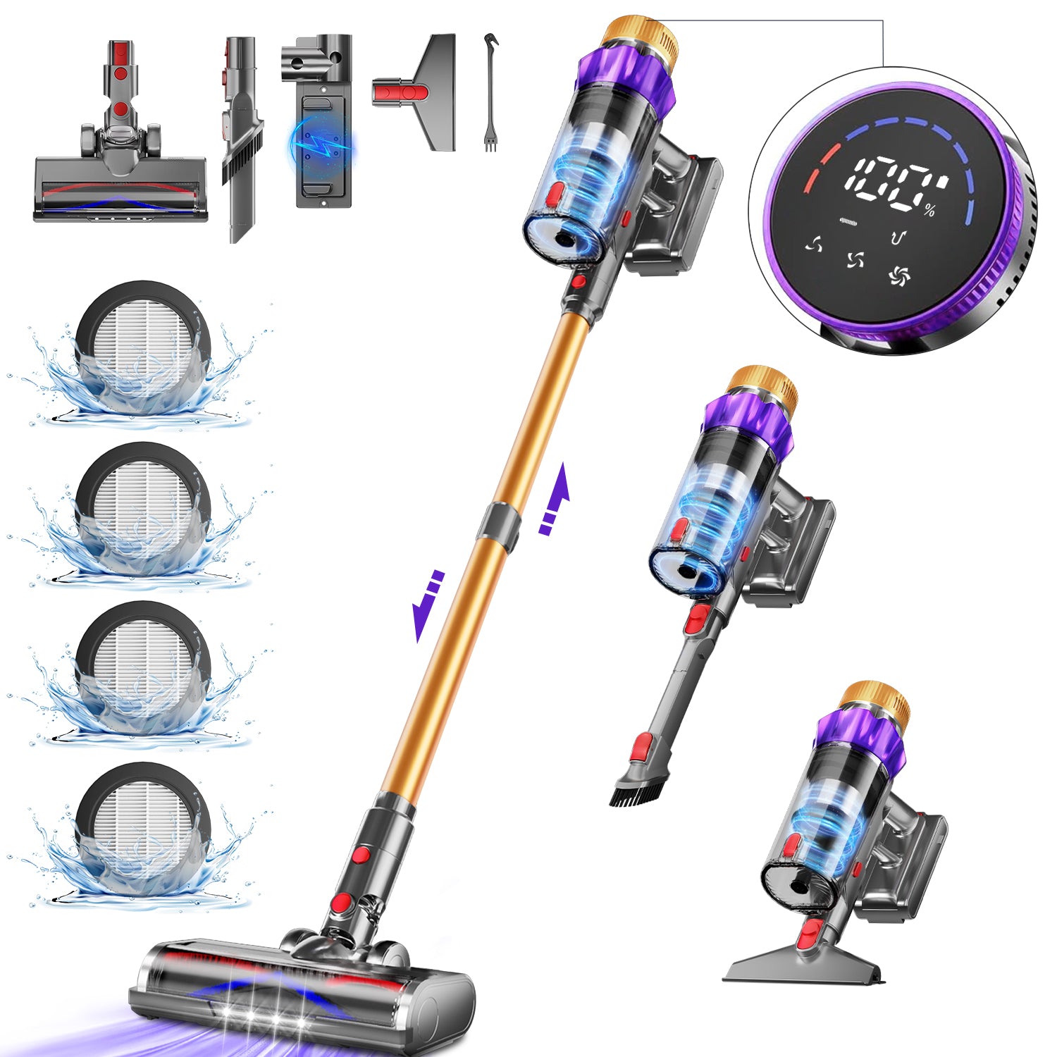 Daynee Aspirateur sans fil, Aspiration 65 kPa, Autonomie de 70 min, Écran LCD, Brosse anti-emmêlement, Filtration HEPA*4, Aromathérapie pour poils d'animaux, tapis et sols durs
