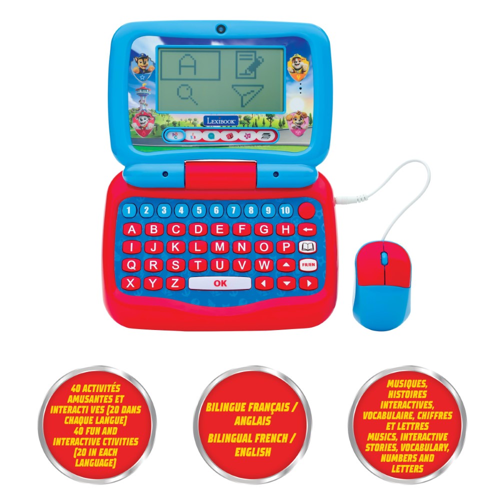 Lexibook Ordinateur éducatif Bilingue La Pat’ Patrouille – 100 activités (50 dans chaque langue) Français/Anglais
