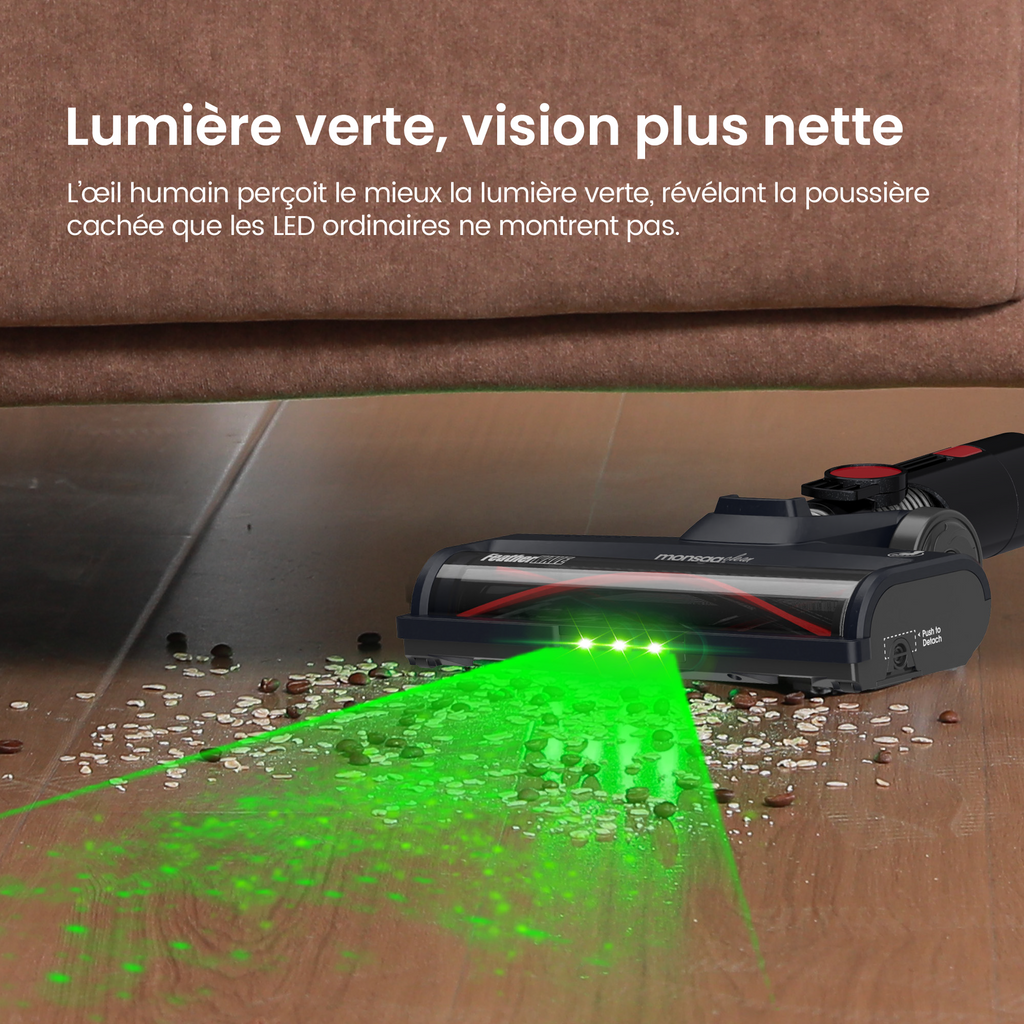 MonsgaClean M100 Aspirateur sans fil rouge, 55000 Pa, 45 min, écran tactile, lumière verte pour révéler la poussière, anti-emmêlement, tient debout tout seul, rechargeable