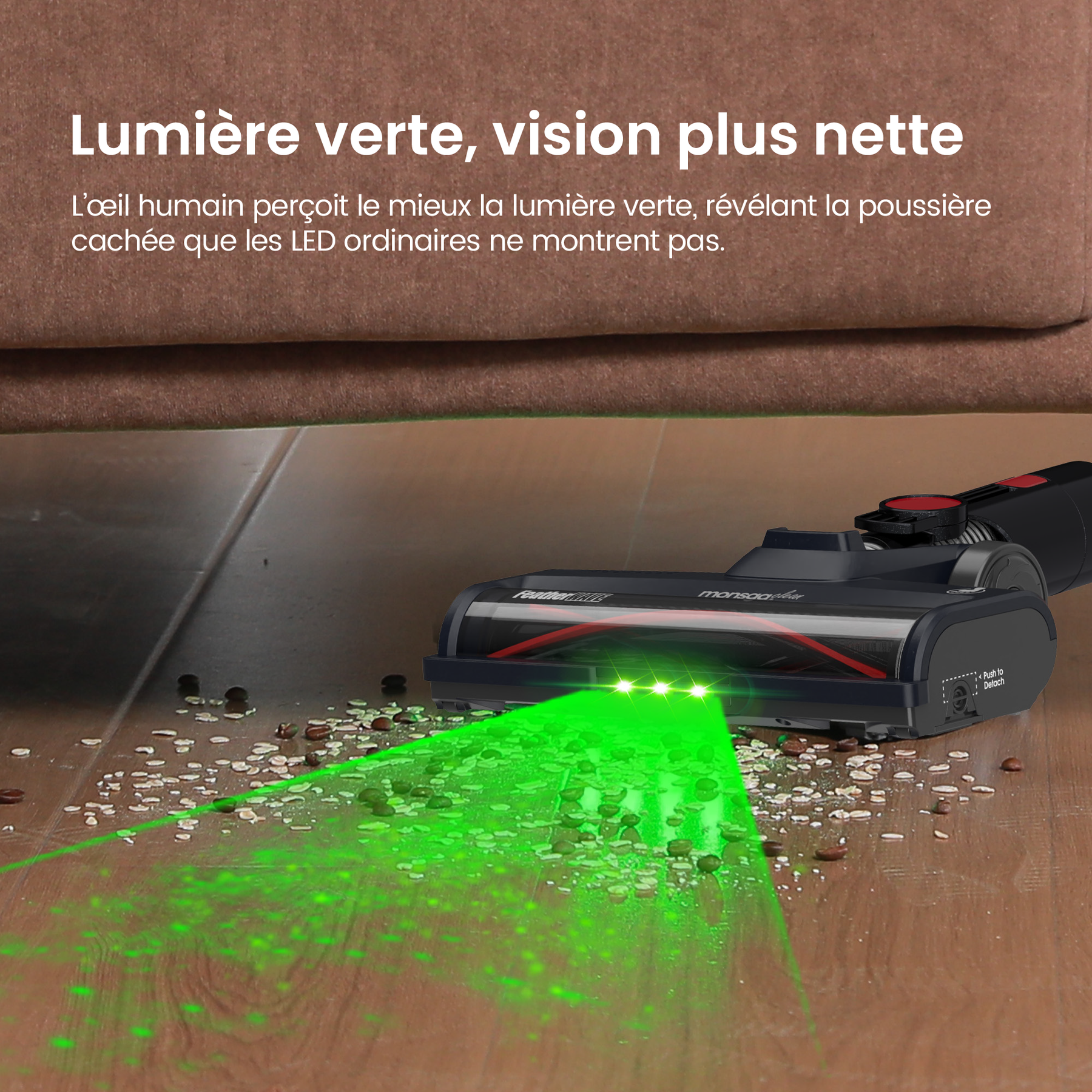 MonsgaClean M100 Aspirateur sans fil rouge, 55000 Pa, 45 min, écran tactile, lumière verte pour révéler la poussière, anti-emmêlement, tient debout tout seul, rechargeable
