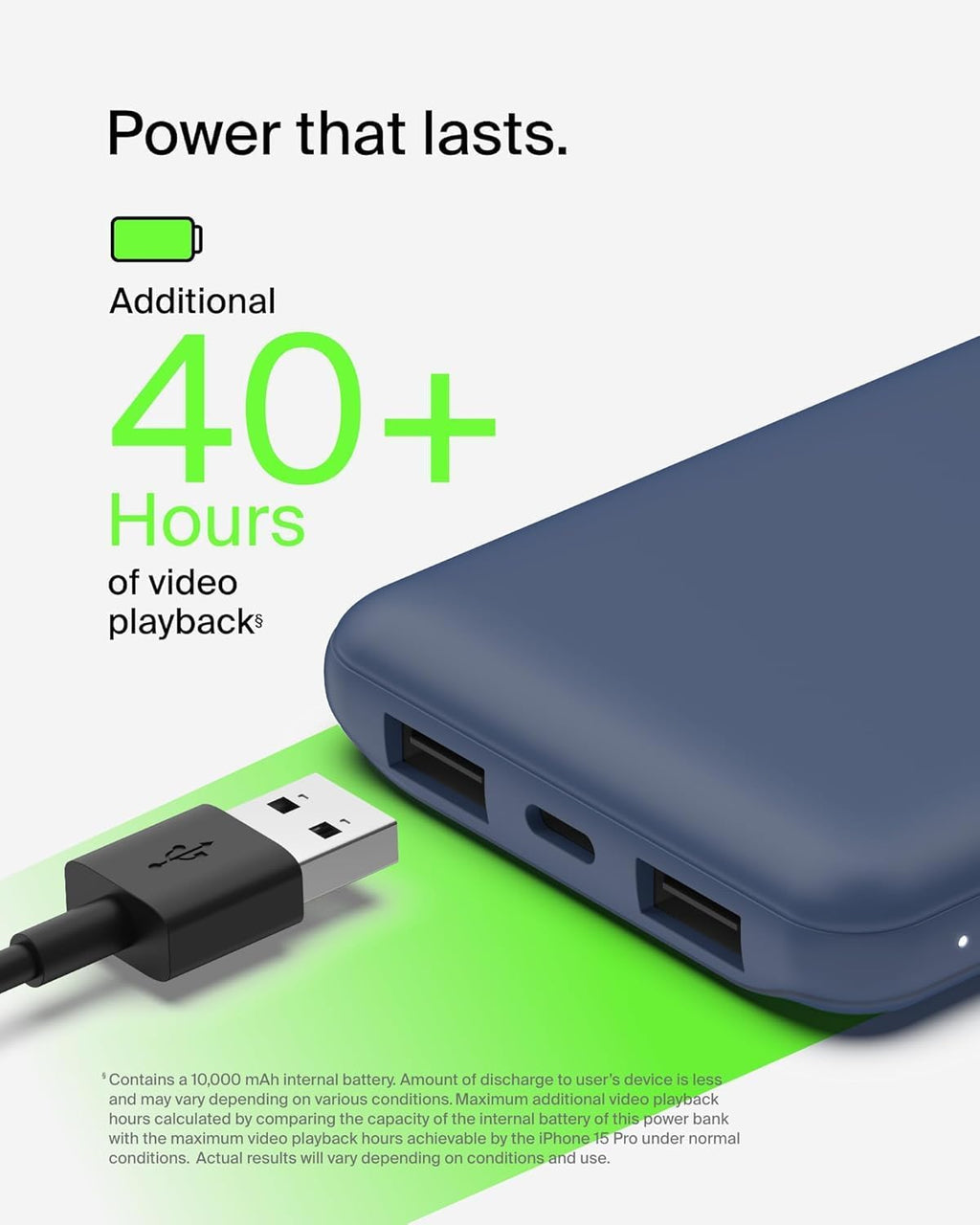 Belkin Batterie Externe BOOST CHARGE™ 10 000 mAh avec USB-C 15W, Double Port USB-A, Câble USB-A vers USB-C 15 cm, Bleu