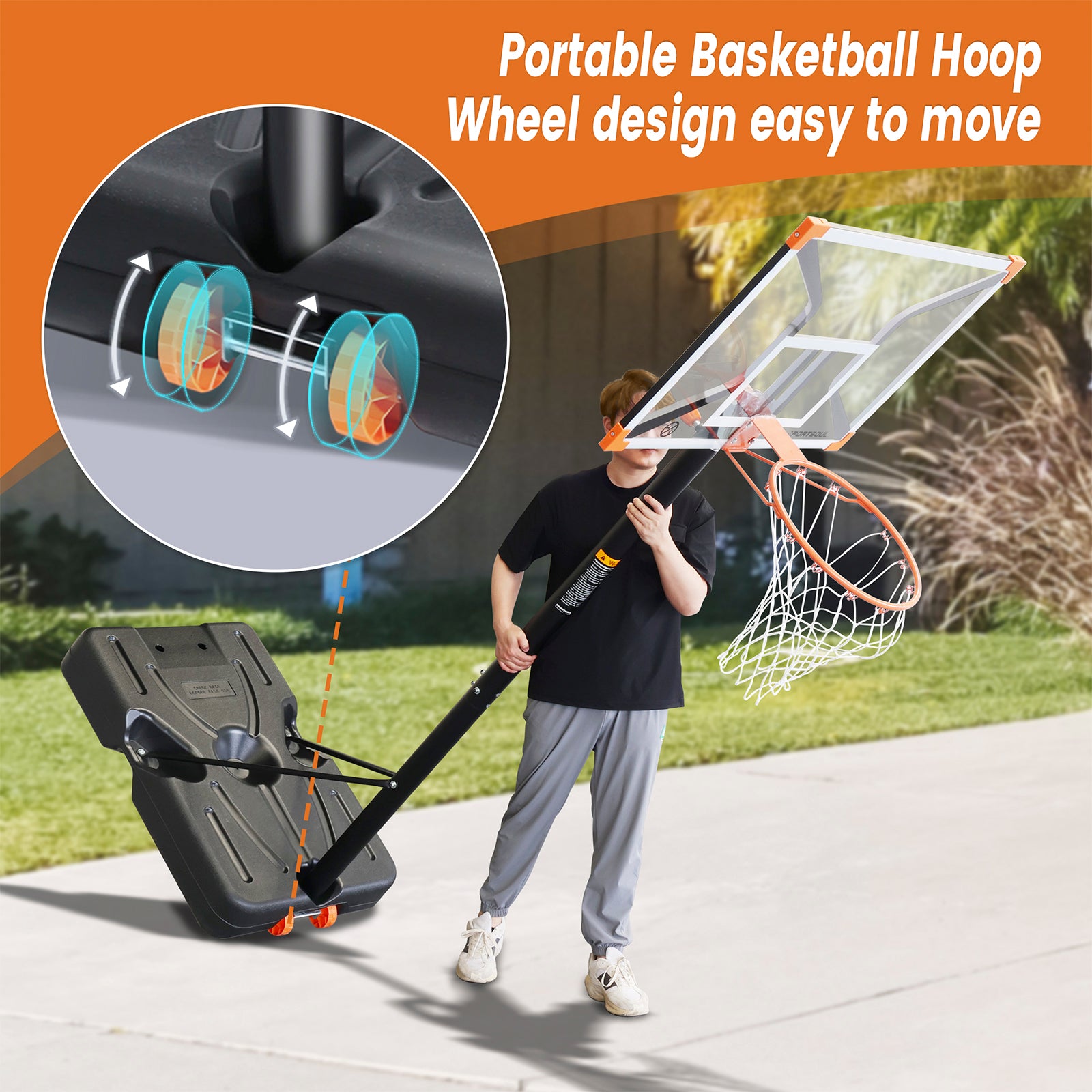 SPORTSOUL Série X Panier de basket-ball d'extérieur portable et réglable - Panneau de basket-ball en PC incassable de 44 pouces - Assemblage en 60 minutes