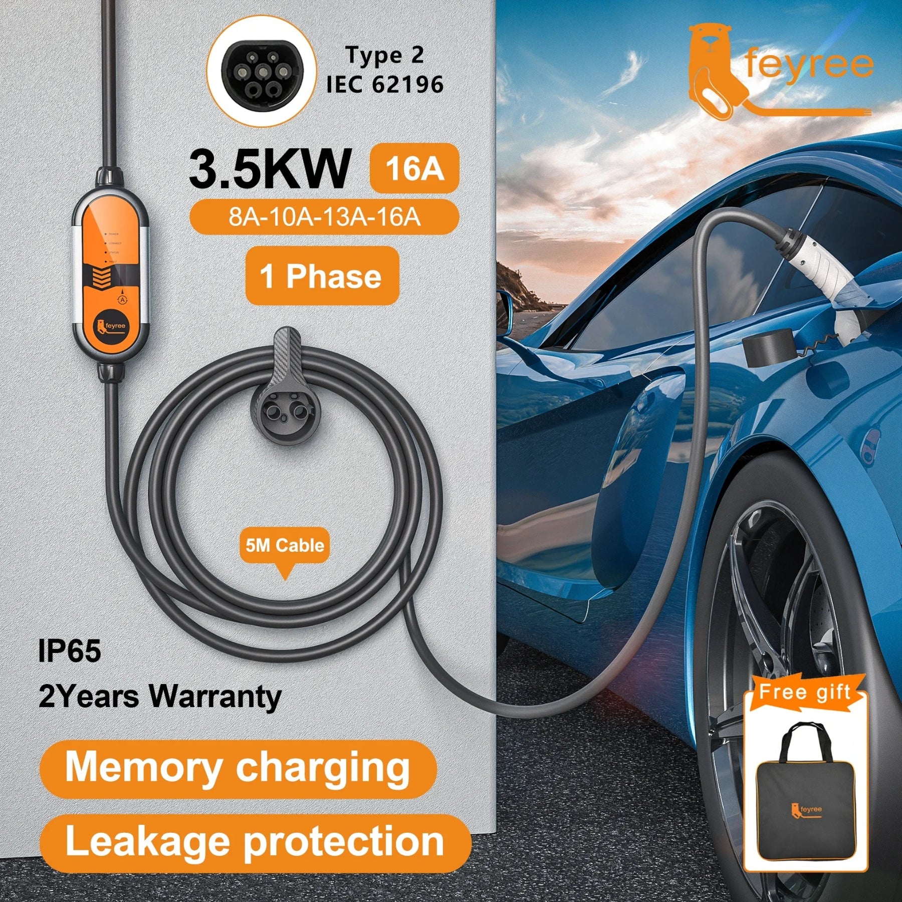 Feyree Chargeur portable pour véhicule électrique type 2 16 A 3,5 kW, Câble de recharge 5 m avec prise Schuko, Courant réglable pour chargeur de voiture électrique