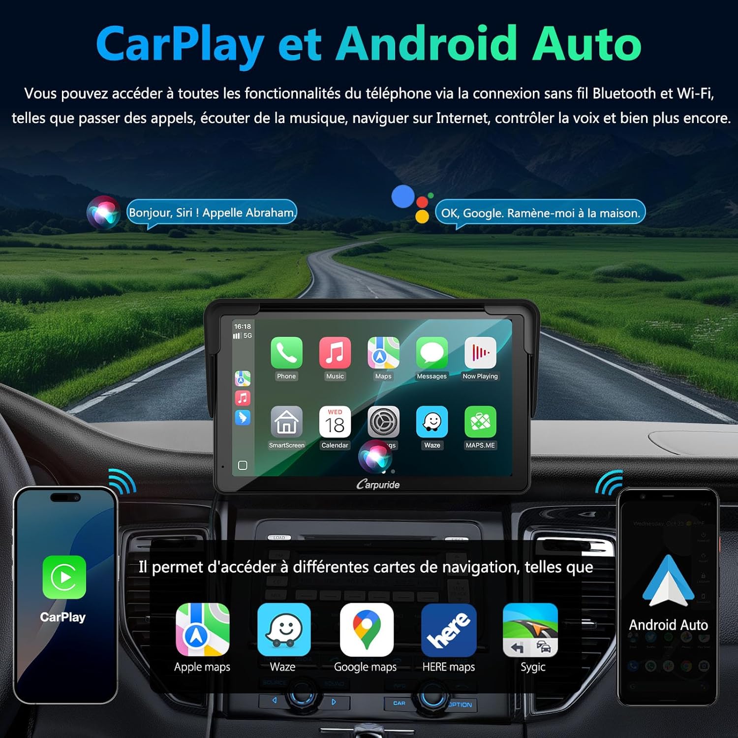 Autoradio CARPURIDE, portable sans fil Carplay & Android Auto, radio tactile 7 pouces 1080P HD avec BT 5.0, prise en charge Mirror Link, support de tableau de bord pour camion camping-car