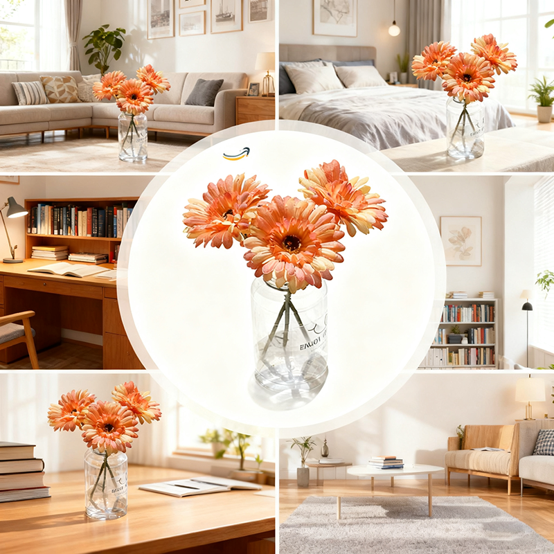 Yuejia 3 pièces 9,05 po/23 cm Fleurs de gerbera en soie artificielle Mariage maison vérandas Décoration de table Faux chrysanthèmes marguerites Fête Décoration de maison (Orange)