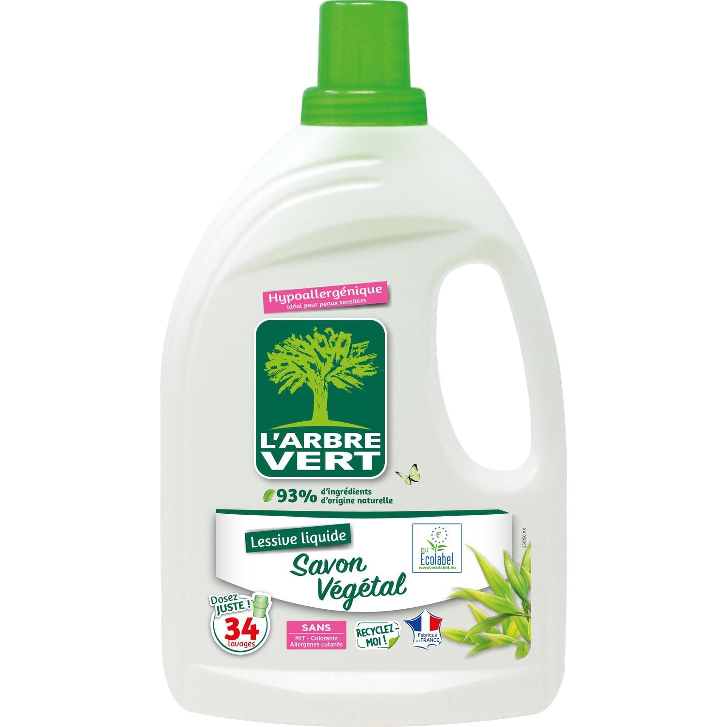L'Arbre Vert Lessive Liquide Savon Végétal Hypoallergénique, Bouteille à Pichet, 1,53 L, 34 Lavages
