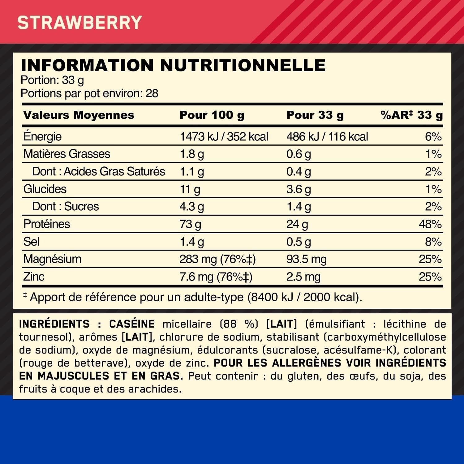 Optimum Nutrition Gold Standard 100 % Caséine, Saveur Fraise Délice 924 g (28 portions)