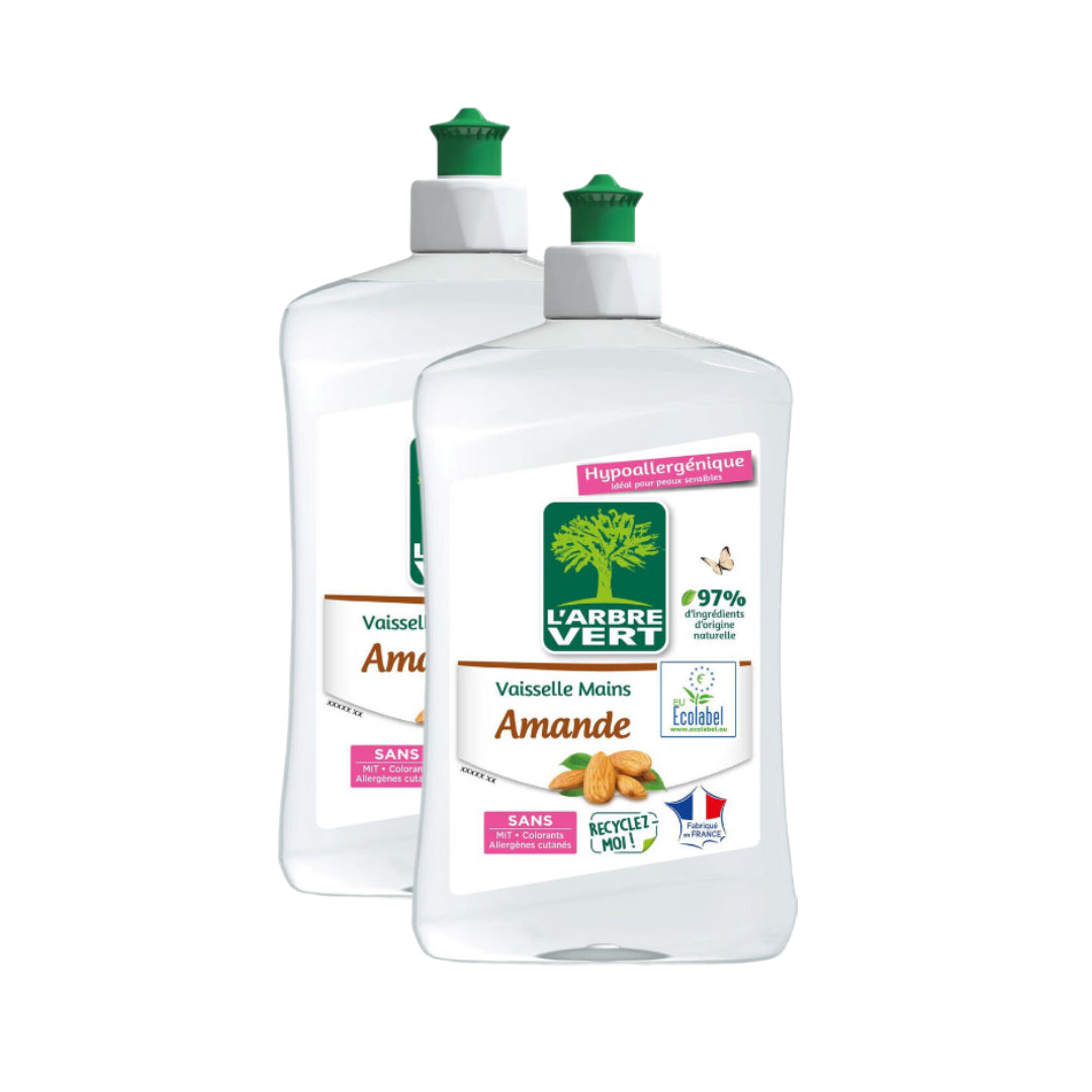 L'Arbre Vert Liquide Vaisselle, Hypoallergénique Peaux Sensibles, Amande, 2 x 500 ml (= 1 L)