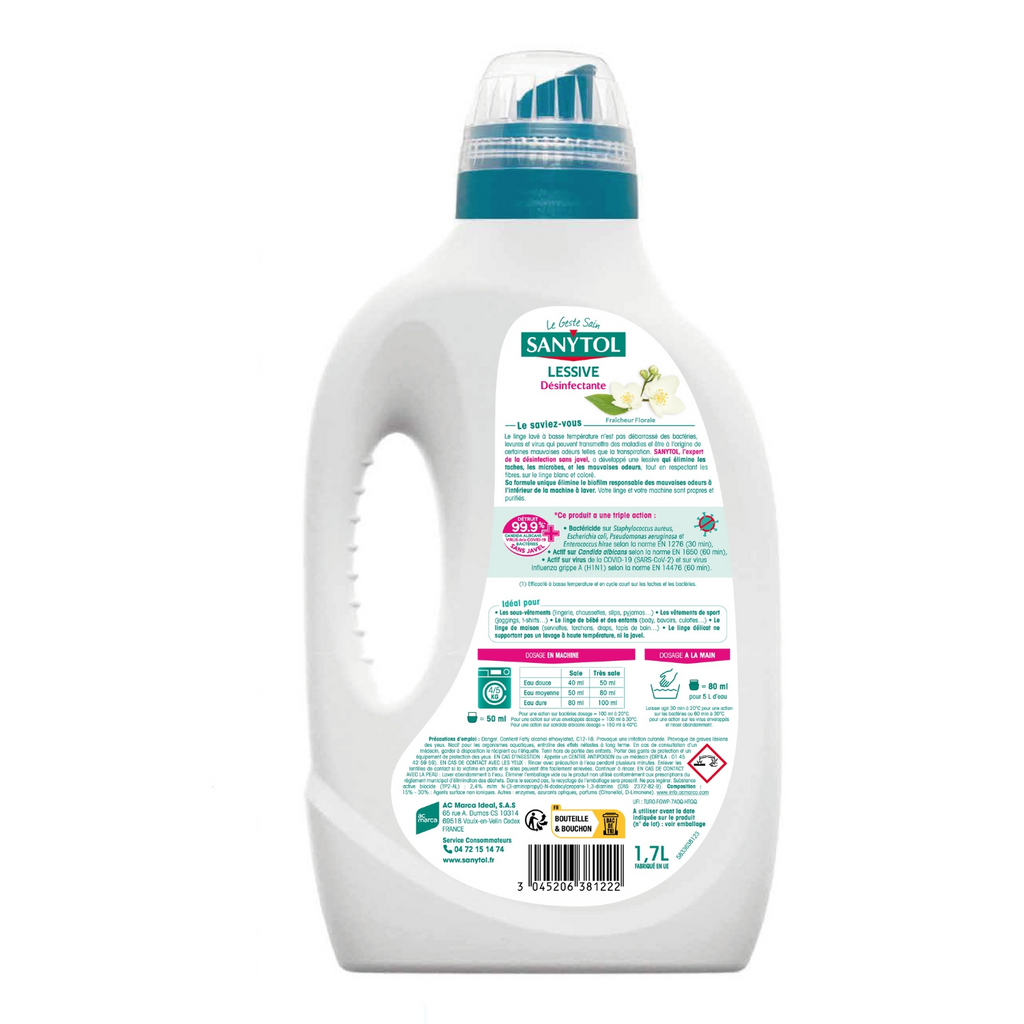 Sanytol Lessive liquide désinfectante, Parfum frais floral, Bouteille, 1,7 L, 34 lavages