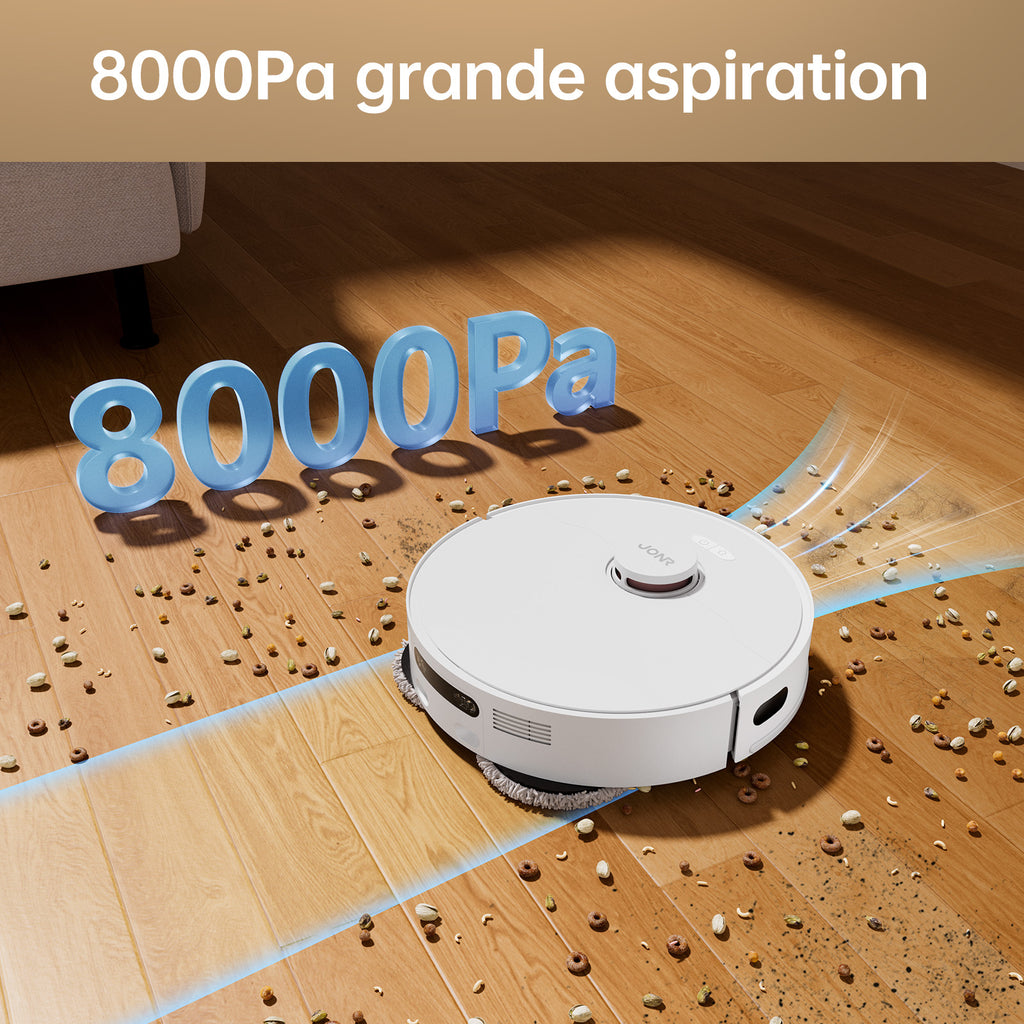 Robot Aspirateur Laveur JONR T5 Pro, Puissance d'Aspiration 8150 Pa, Séchage à l'Air Chaud, Brosse Latérale Anti-Emmêlement, Reconnaissance des Obstacles, Navigation Laser, Station de Base Tout-en-Un