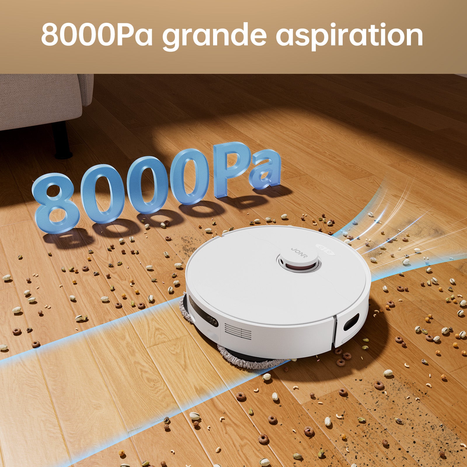 Robot Aspirateur Laveur JONR T5 Pro, Puissance d'Aspiration 8150 Pa, Séchage à l'Air Chaud, Brosse Latérale Anti-Emmêlement, Reconnaissance des Obstacles, Navigation Laser, Station de Base Tout-en-Un
