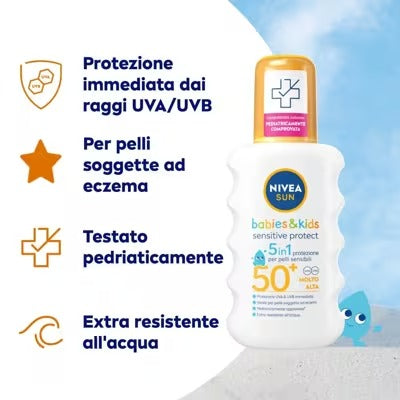 NIVEA SUN Spray solaire 5-en-1 Sensitive Protect SPF 50+ pour bébés et tout-petits - 200 ml