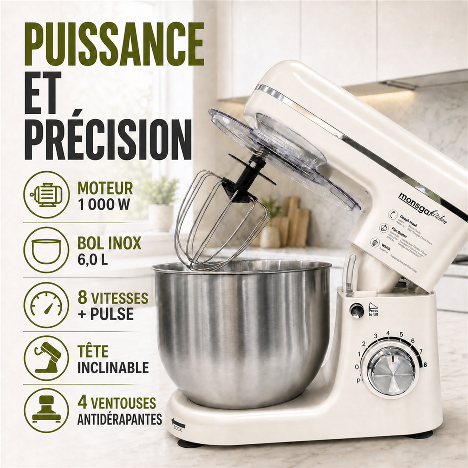 monsga SM100 Robot pâtissier, 1000 W, Blanc crème, Bol mélangeur en acier inoxydable 6,0 L, Silencieux, Avec fouet, Crochet à pétrir en Téflon super antiadhésif (Résistant à 260 °C), Batteur et pare-éclaboussures, 8 réglages de vitesse