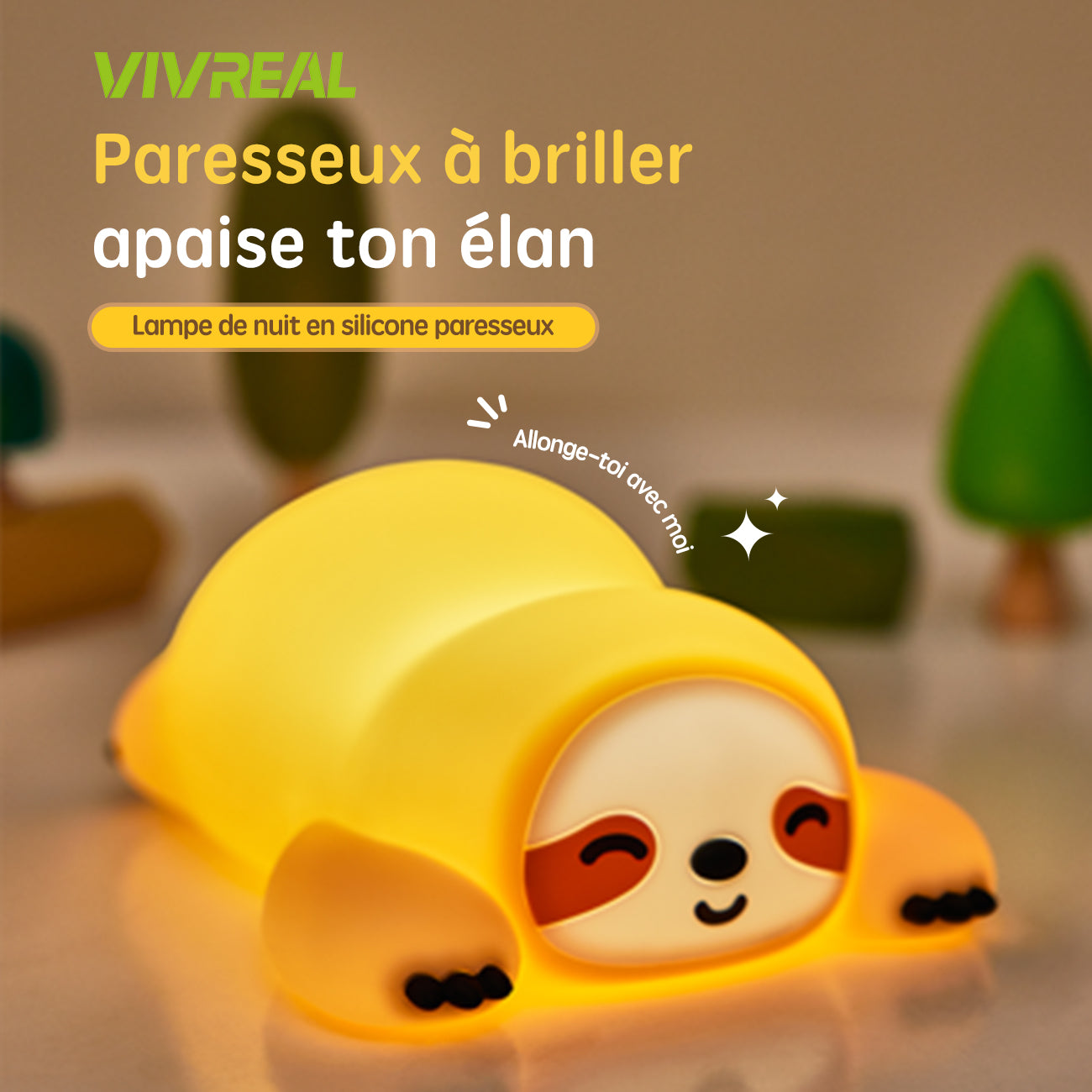 VIVREAL A046 Veilleuse LED paresseux rechargeable en silicone souple, ABS et PP, 3 niveaux de luminosité, charge Type-C - Jaune clair
