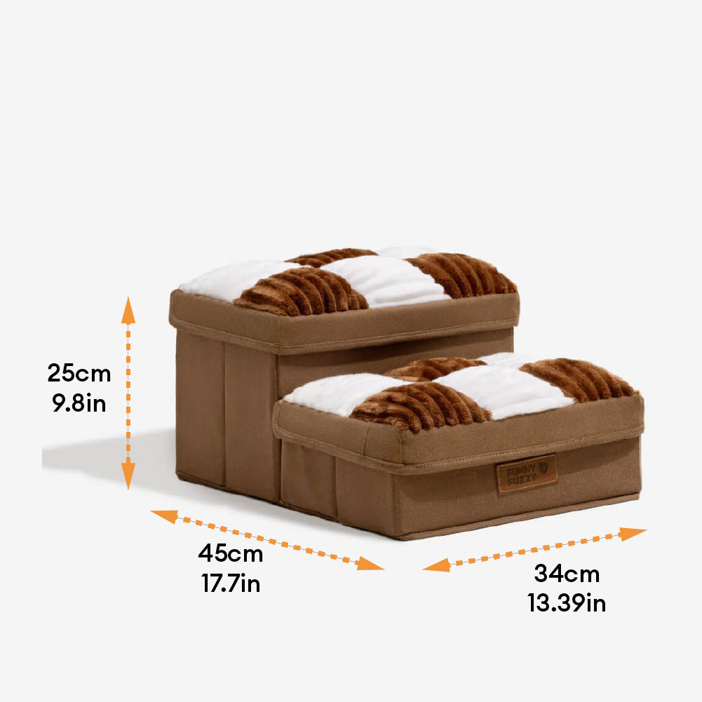 FUNNYFUZZY Escalier pour animaux de compagnie chats et chiens, 2 niveaux, Design à carreaux, Fait main, Marron, Avec espace de rangement, Capacité de charge jusqu'à 20 kg, 45 x 34 x 25 cm