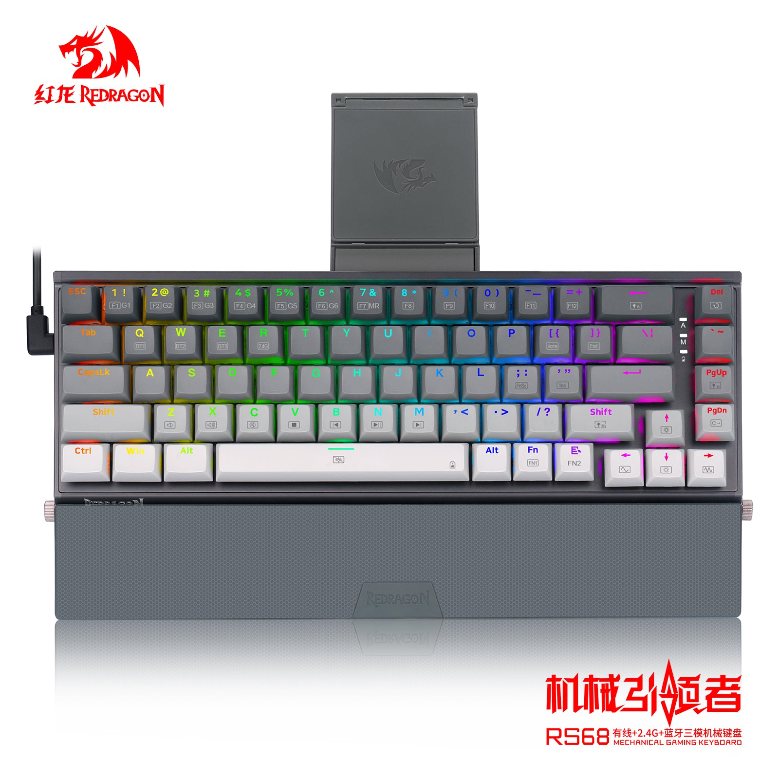 RS68 3e examen blanc - clavier mécanique sans fil en alliage d’aluminium, supports de switchs, remplacement à chaud, repose-poignet détachable, clavier gaming e-sport pour bureau, gris sidéral