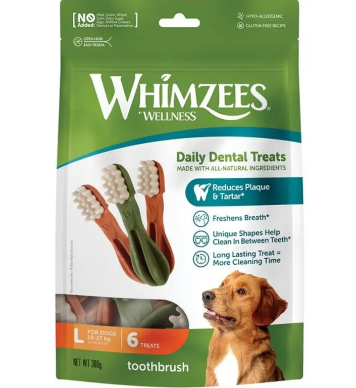 WHIMZEES Brosses à Dents L, 6 Pièces – Taille L, Friandises pour Chiens de Grande Taille, Naturelles & sans Céréale, Végétariennes, sans Sucre Ajouté