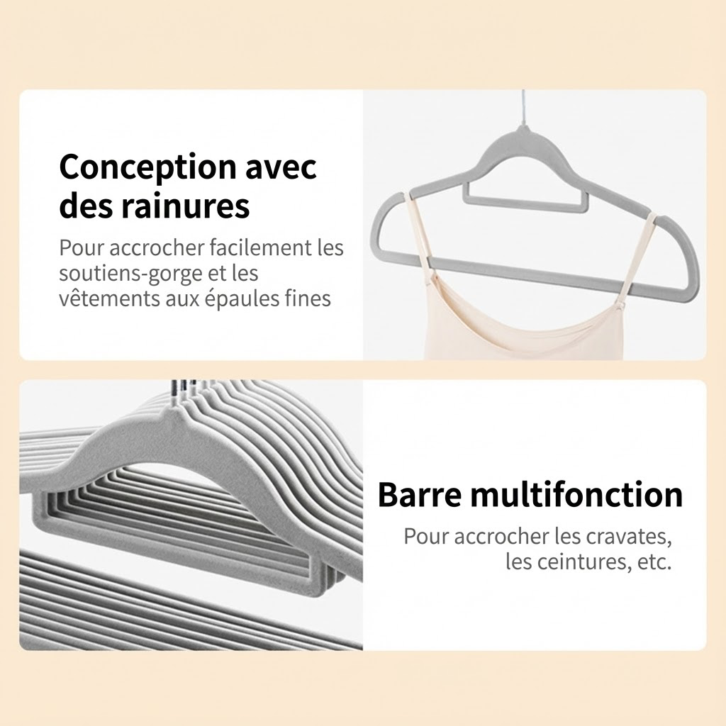 ochama×J.ZAO Cintres en velours antidérapants, sans traces, usage domestique, lot de 20 - Gris