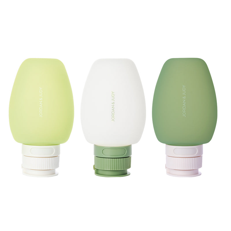 JORDAN&JUDY Lot de 3 bouteilles de voyage en silicone, rechargeables, anti-fuite, portables, pour shampoing et cosmétiques, 60 ml, Offre annuelle, Cadeaux phares