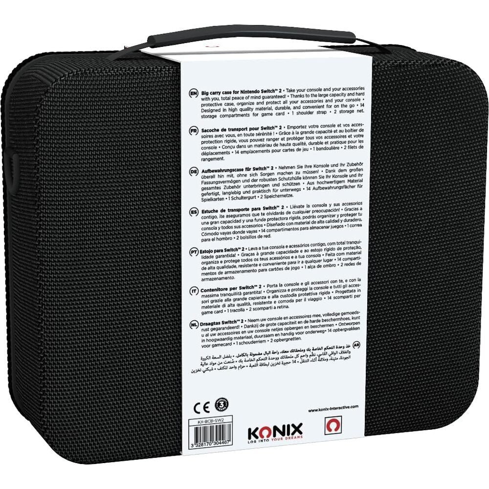 Konix Sacoche de protection et transport Big Carry Case console Nintendo Switch 2 - Filets rangement accessoires - 14 compartiments jeux - Noir