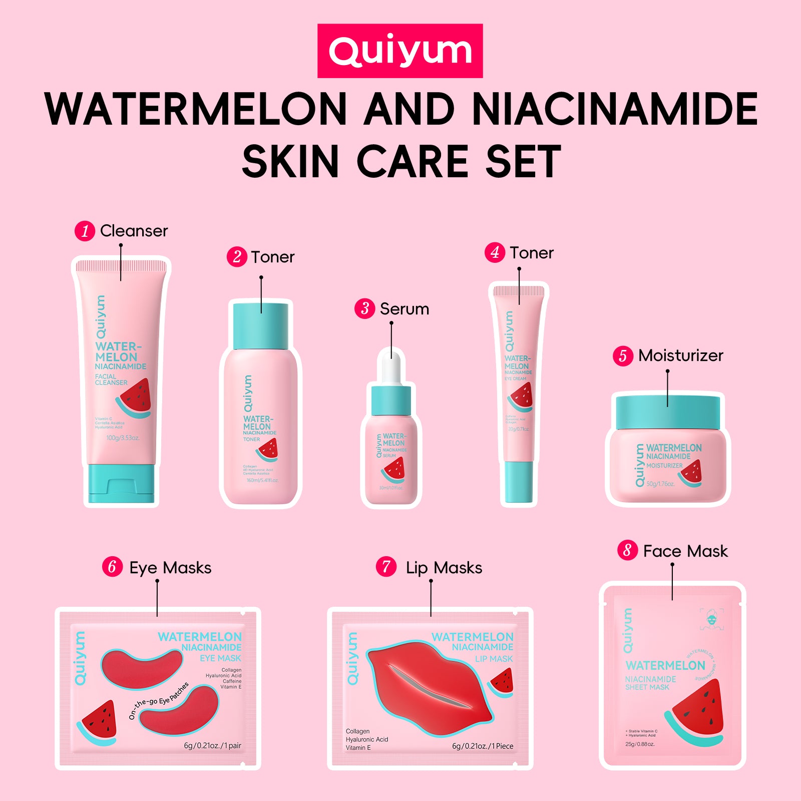 Quiyum Coffret de soins à la pastèque (13 pièces) - Nettoyant visage 100 g, lotion tonique 160 ml, sérum 30 ml, crème contour des yeux 20 g, crème visage 50 g