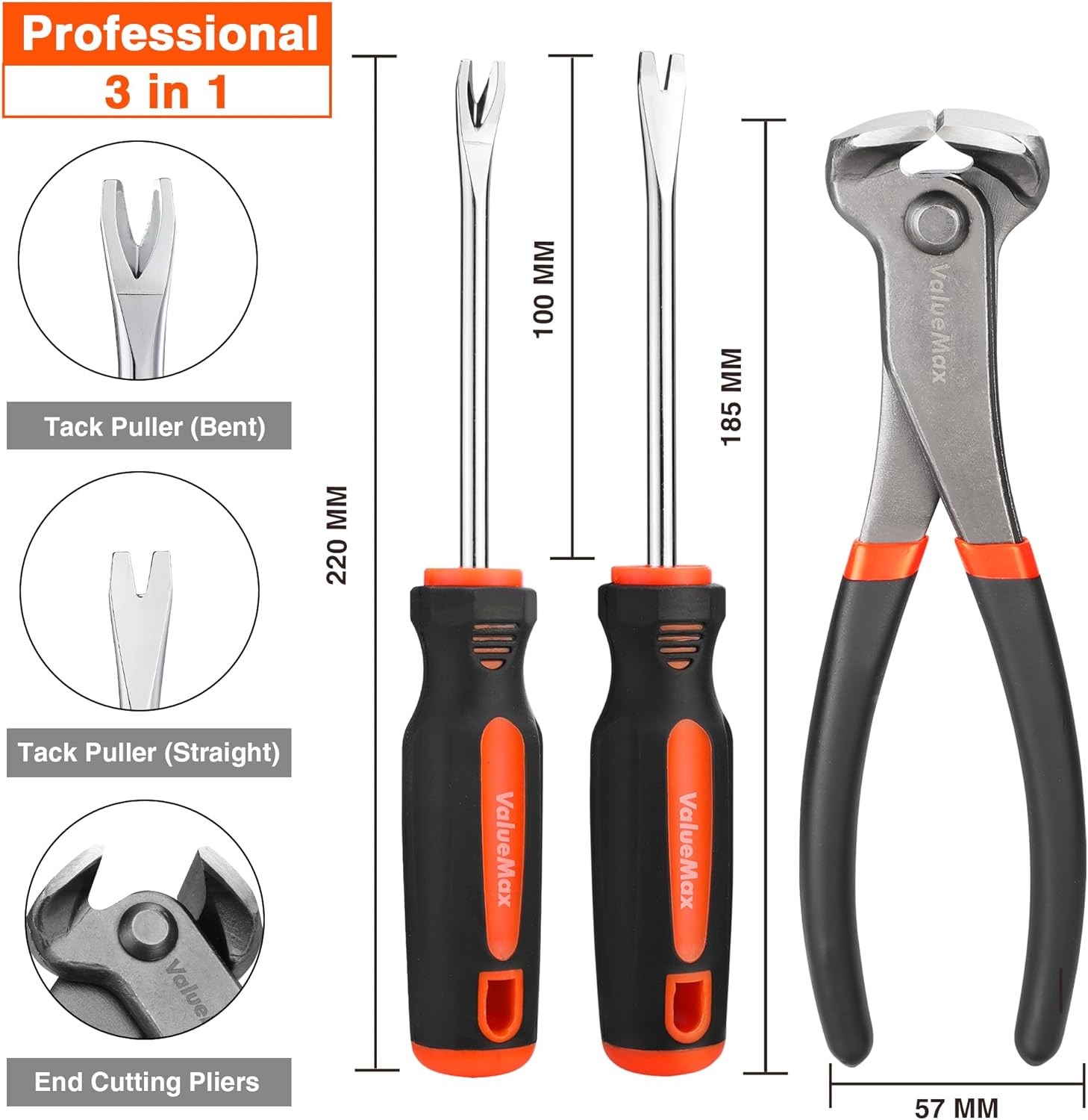 ValueMax Set de pince à couper à bout tranchant et extracteurs de clous magnétisables, 185 mm - 3 pièces
