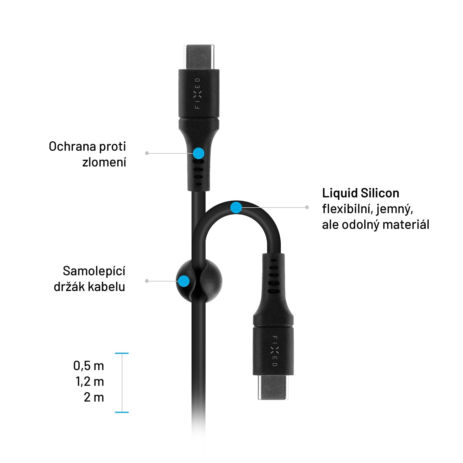 FIXED Câble USB-C vers USB-C en silicone liquide, 2 m, 60 W, Noir