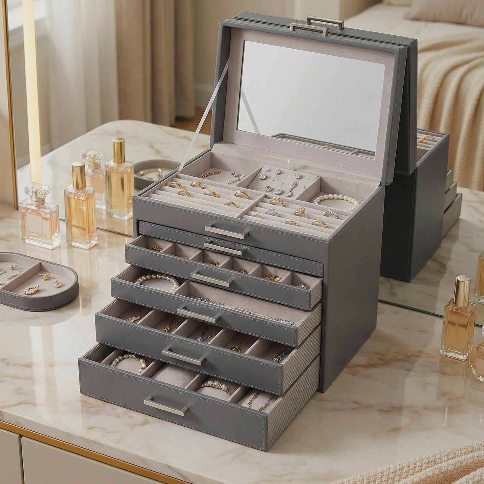 JOYFURNOS Boîte à Bijoux 6 Niveaux, Écrin à Accessoires, avec Grand Miroir, 5 Tiroirs, Rangement pour Bijoux, Moderne, Gris