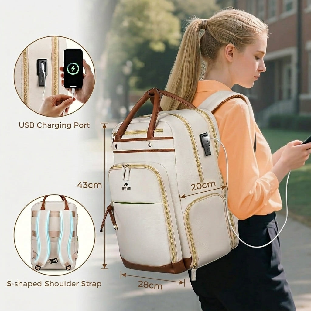 Sac de travail, sac à dos pour ordinateur portable 15,6 pouces pour femme, avec compartiment à repas détachable, port USB et poche organisée, beige