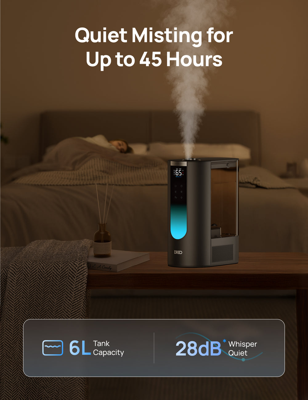 DREO Humidificateur ultrasonique intelligent, 6 L, 500 ml/h, brume chaude et froide, contrôle App, régulation humidité 5 %, doubles diffuseurs d'arômes, HHM013S