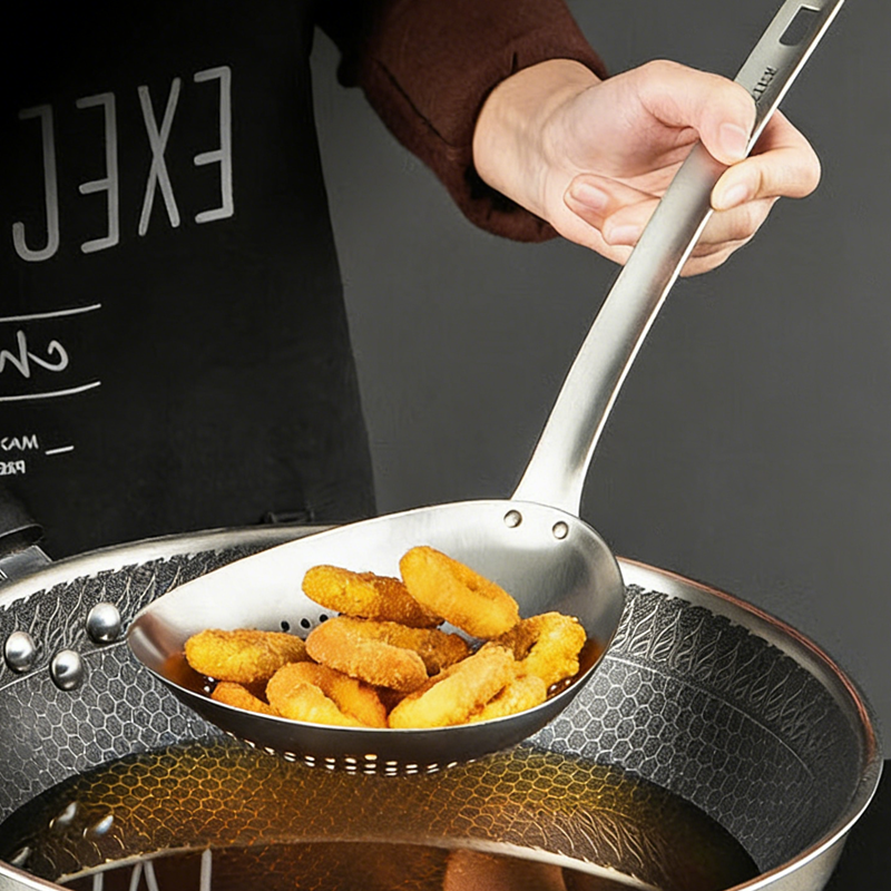 Maxcook Cuillère égoutteuse à fentes, grande cuillère égoutteuse en acier inoxydable 15 cm avec poignée et trous de suspension, écumoire, pelle de friteuse, passoire de cuisine pour la cuisson, l’égouttage et la friture, MCCU3545