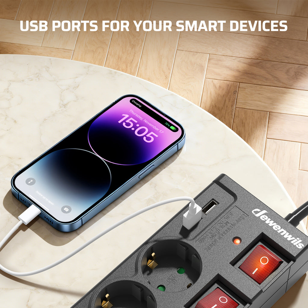 DEWENWILS Multiprise 6 prises avec USB, Interrupteurs individuels, Protection contre les surcharges, Sécurité enfant, Prises orientées à 90°, 5 m, Noir