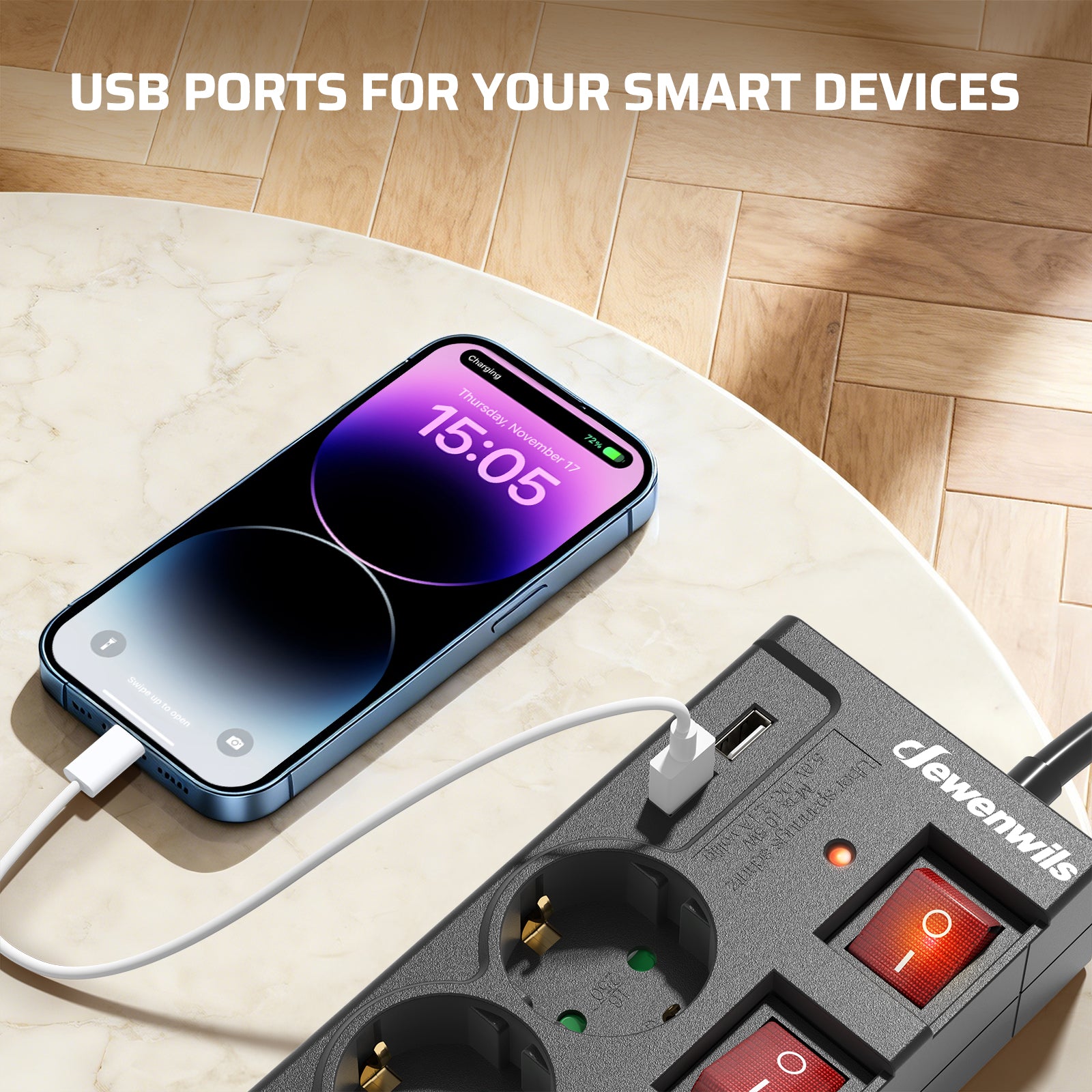 DEWENWILS Multiprise 6 prises avec USB, Interrupteurs individuels, Protection contre les surcharges, Sécurité enfant, Prises orientées à 90°, 5 m, Noir