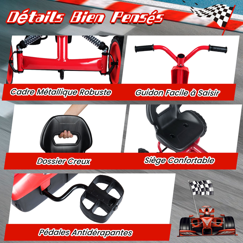 Costway Kart à pédales pour enfants, Siège réglable à 2 positions, 4 roues robustes, Capacité de charge 30 kg, Convient aux 3-8 ans, Rouge